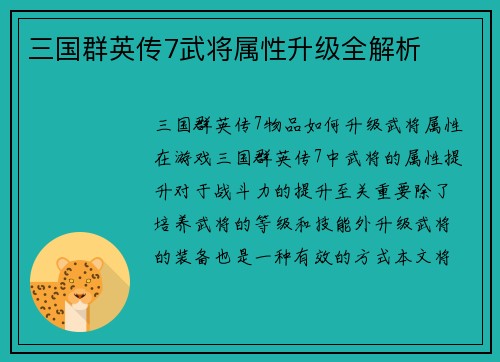 三国群英传7武将属性升级全解析