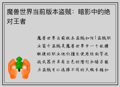 魔兽世界当前版本盗贼：暗影中的绝对王者